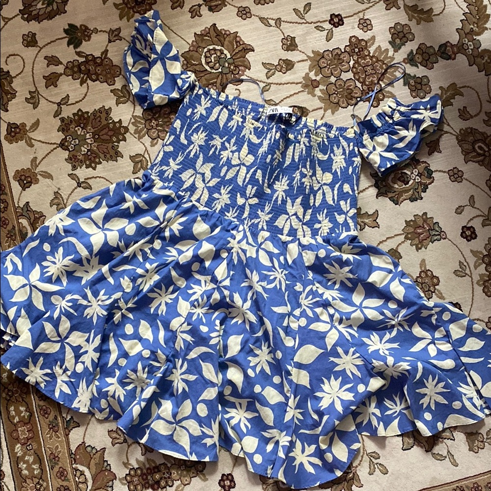 Zara Blue and Cream Floral Smocked Dress